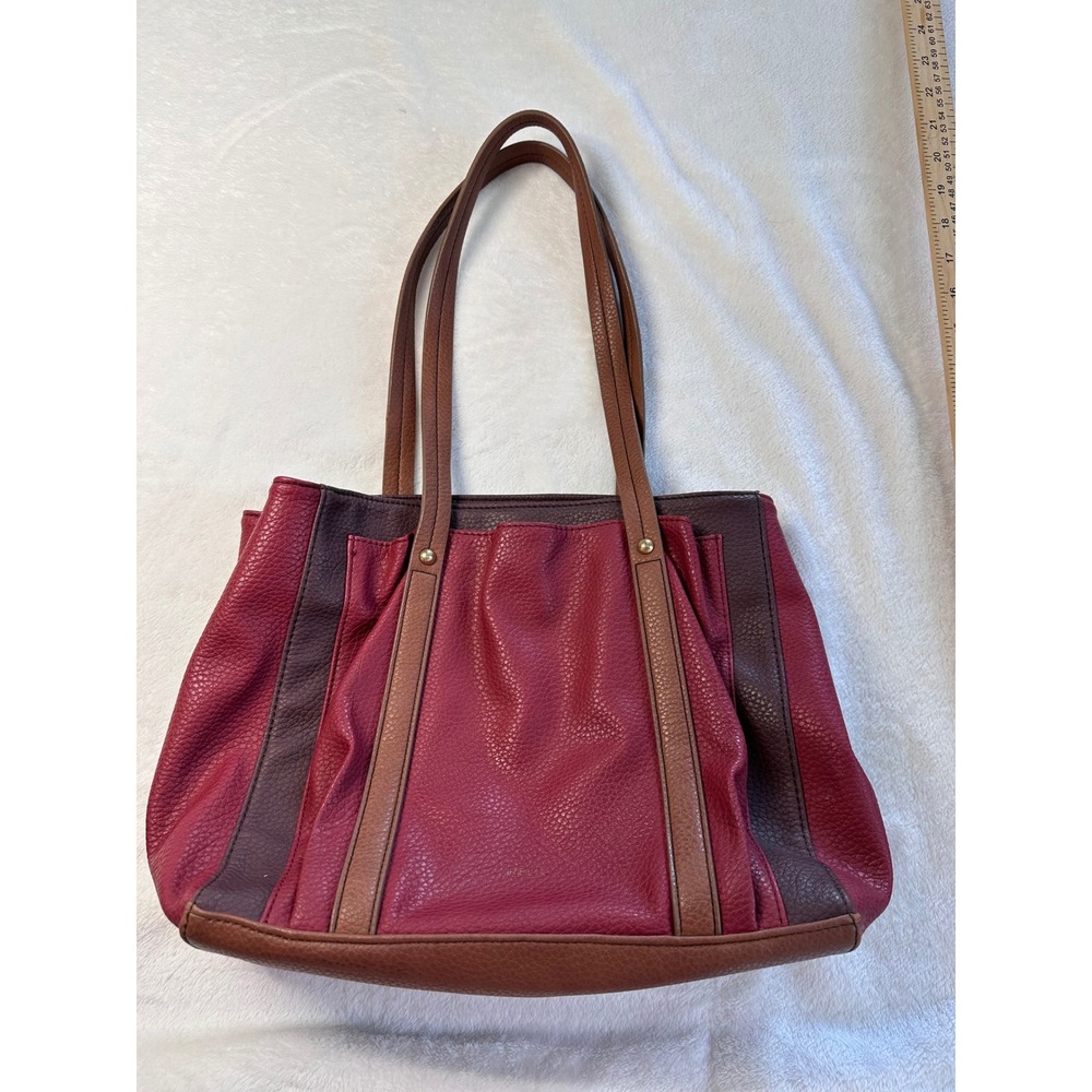 Relic Burgundy Plum Cognac Pebbled Faux Leather Triple Compartment Tote Bag